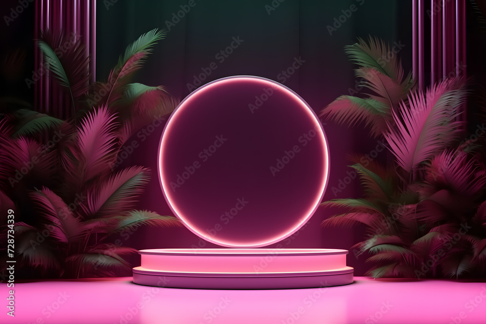 Obraz premium : Empty Stage with Holographic Podium and Leafy Circles