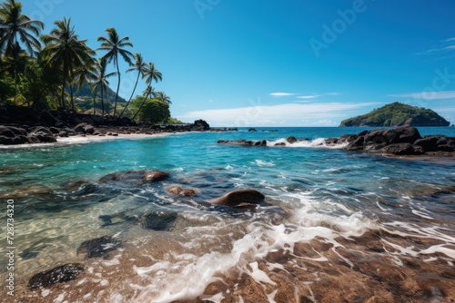 Tropical beach with clear waters, palm trees, and black volcanic rocks under blue sky