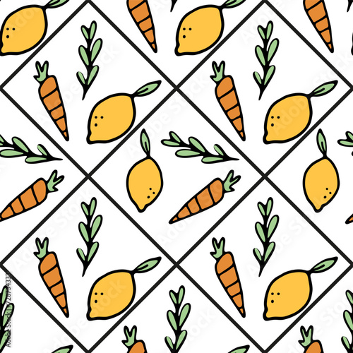 Fototapeta Naklejka Na Ścianę i Meble -  Bright yellow lemons and orange carrots, beautiful seamless pattern