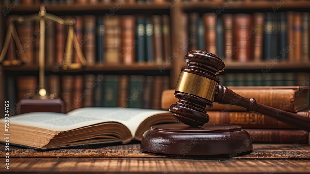 top view of a lawyer's table, featuring a judge's gavel on legal books against a wooden background in a copy room. top view of a lawyer's table, featuring a judge's gavel on legal books against a wooden background in a copy room.