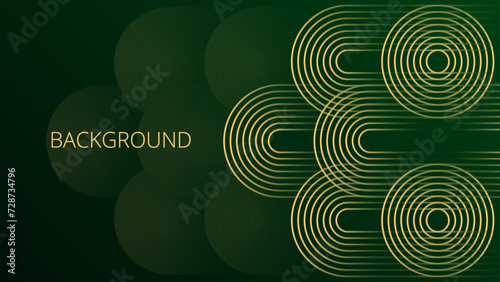 Dark green gradient abstract background with gold rounded lines and shadows. Modern geometric pattern. Shiny poster or web banner template. Blended lines