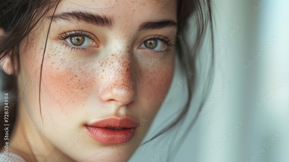 a close up of a woman with freckles a close up of a woman with freckles