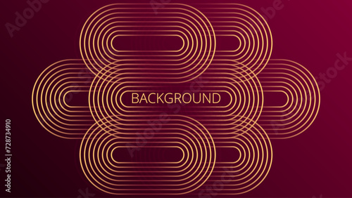Wine red gradient abstract background with gold rounded line design. Vintage geometric pattern. Shiny poster or web banner template. Blended lines
