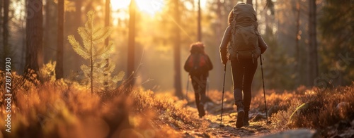 People walking with backpacks on a hike in the forest, illuminated by a golden light, creating a warm and enchanting atmosphere
