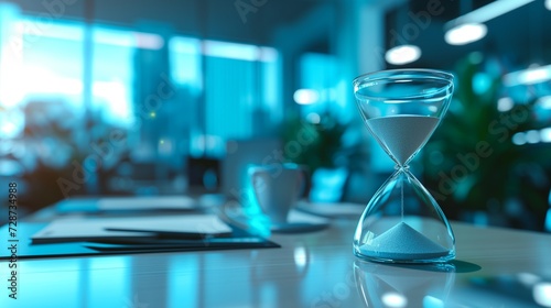pressure as a critical business deadline approaches in a bustling corporate environment. Hourglass and sand clock.