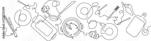 Vector illustration on culinary theme. Utensils, vegetables and different dishes in continuous line drawing style. Сooking art. Background with food.