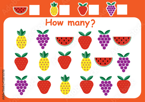 How many berries and fruits are there? Counting game for children. Math assignment for preschoolers.