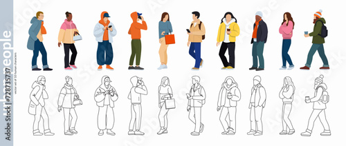 Set of urban people. Male and female characters dressed in casual clothes. Standing and walking faceless street people. Flat vector color and outline illustrations isolated on white background. photo