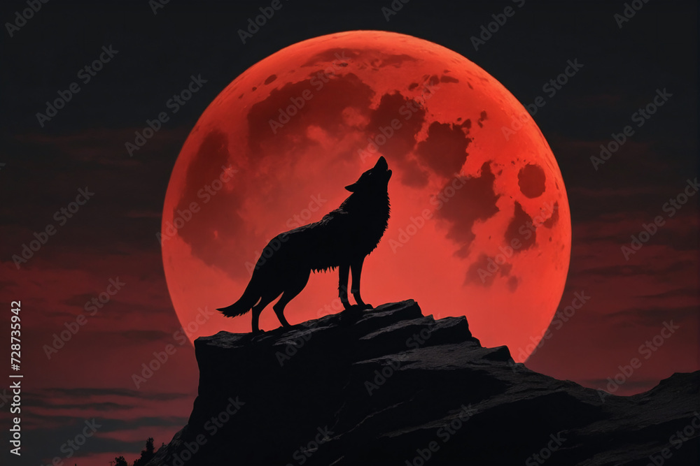 Wolf standing on top of a cliff under a red moon Wolf standing on top of a cliff under a red moon