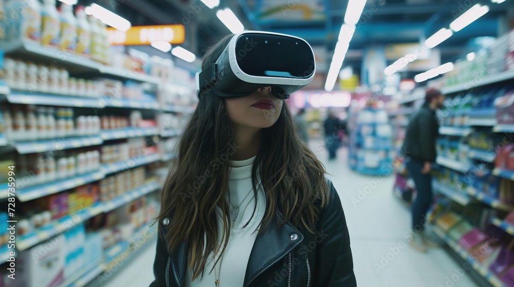 Virtual reality shopping, using VR glasses to browse and select products in a digitally enhanced marketplace, merging the physical and virtual worlds for a futuristic retail experience.