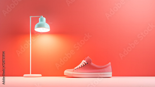 Pink Tennis Shoes on Table Next to Lamp, product presentations
 photo