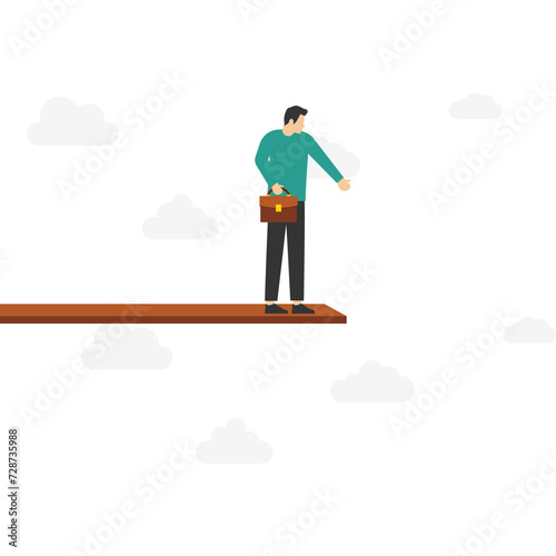 Investment or financial risk of falling down from economic recession, fear of losing money or repaying debt concept, businessman standing on edge of a cliff in the sky looking down with fear of height