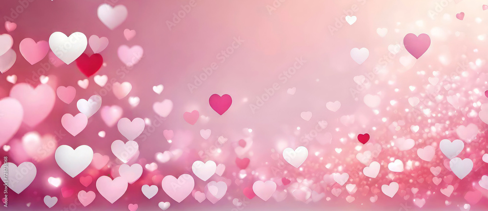Valentines Day hearts abstract holiday background. Blurred pink heart shaped bokeh lights texture.St.Valentine's Day,Love Wedding wallpaper.Banner for design with copy space.AI generated.