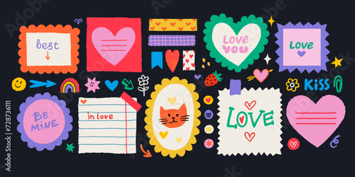 Paper valentine memo notes on stickers. Vector vintage sticky notes and pages with torn edges