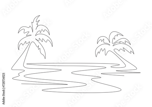 Drawing oasis with single continuous line. Tropical landscape with beach on white background. Sea beach and lagoon with coconut palms in one line. Minimalistic simple modern linear illustration.