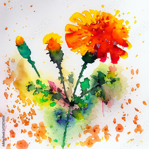 An orange marigold and buds, in a colorful watercolor style. Generative AI  © MLWilson