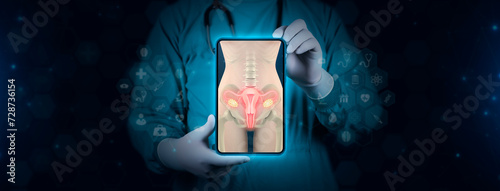 image of uterus on doctor's tablet. Female reproductive health concept. Control and care of the female reproductive system. Doctor with digital technology background photo