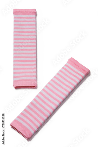 Subject shot of striped white and pink elbow length mittens. The pair of fingerless gloves is isolated on the white background. photo