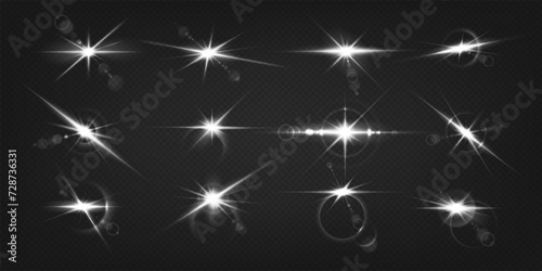 Sparkling stars realistic vector illustration set. Light blasts monochrome icons. Cosmic flares glowing 3d elements on transparent background