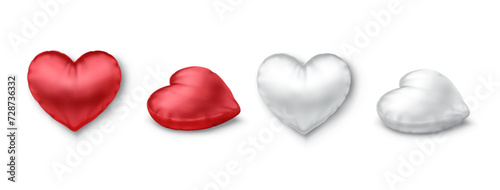 Heart shaped pillows realistic vector illustration set. Cute red and white cushions as affection symbol 3d models on white background. Valentines day