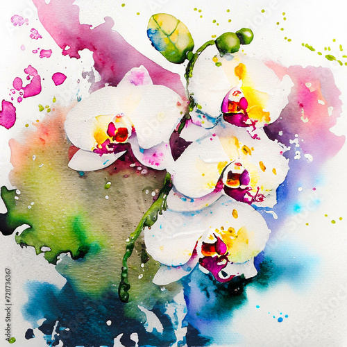 White orchid flowers, in a colorful watercolor style. Generative AI 