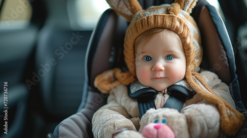 beautiful baby with a bunny toy in a child car seat