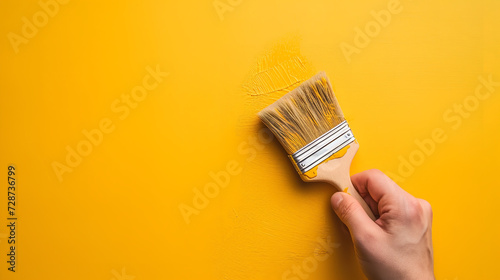 close up brush in hand for products to restore and paint the wall. isolate color background photo