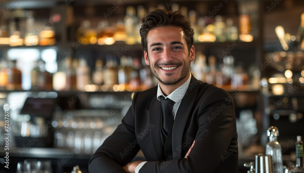 italian man, wearing a black suits,bartender,smile,good looking, model,bar background italian man, wearing a black suits,bartender,smile,good looking, model,bar background