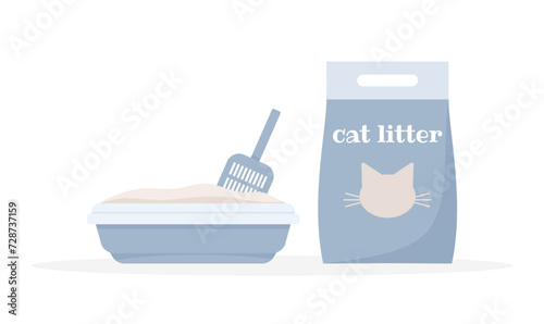 Cat litter filler and cat toilet tray with showel isolated on white background, flat vector illustration