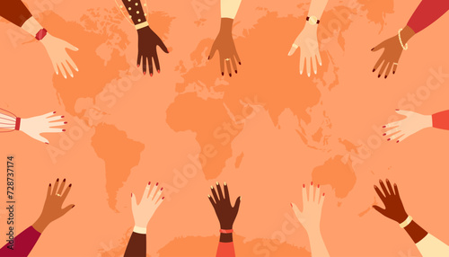 Outstretched hands of women of different nationalities on the background of a world map, copy space. Vector illustration in flat style