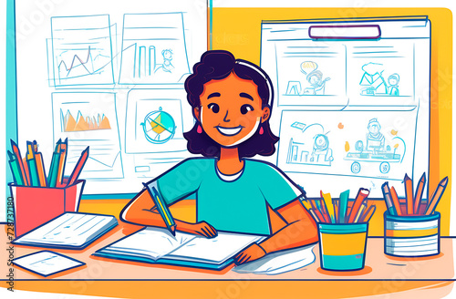 Student girl at her desk