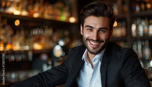 italian man, wearing a black suits,bartender,smile,good looking, model,bar background