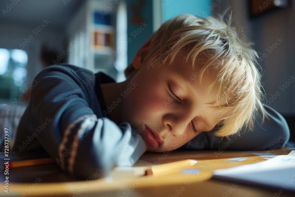 Sad tired european blond child doing his homework Sad tired european blond child doing his homework