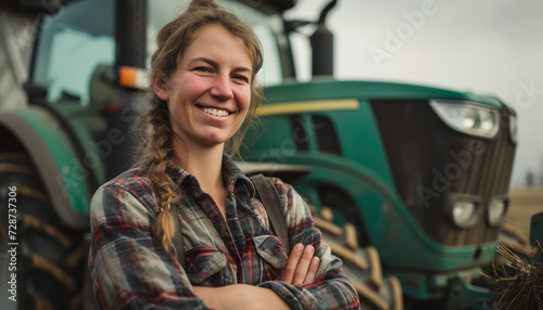 photo of a farmer standing infront of her tractor photo