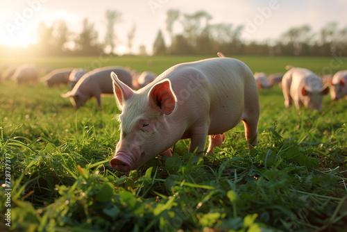 Pigs eating on a meadow in an organic meat farm, poultry and livestock farming, countryside field for spring, sunrise background