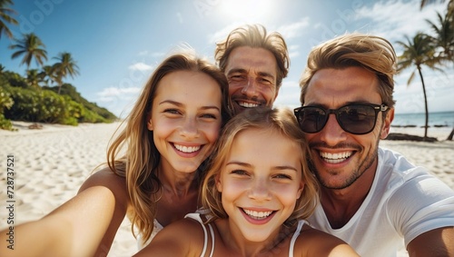 A joyful family with two men and two girls smiling on a sunny beach, palm trees in the background.