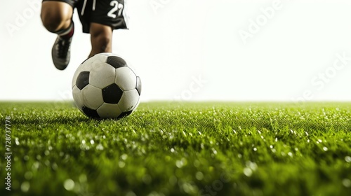 energy of a soccer kick-off with a man controlling a soccer ball on the grass. Against a white background, this image offers copy space to convey the excitement of sports. © pvl0707