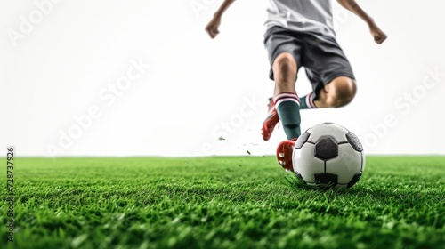 energy of a soccer kick-off with a man controlling a soccer ball on the grass. Against a white background, this image offers copy space to convey the excitement of sports.