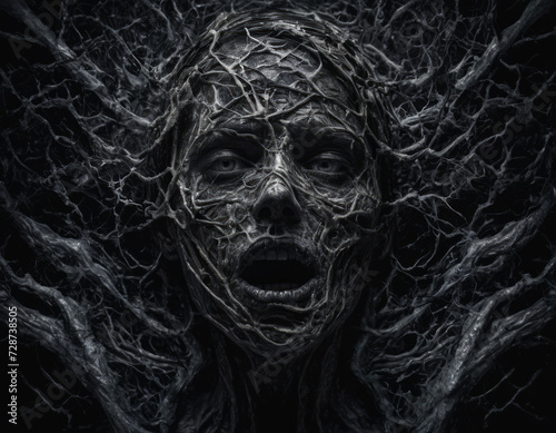 a screaming man is entwined in branches, his face full of horror and pain. mental disorders concept © Andrey