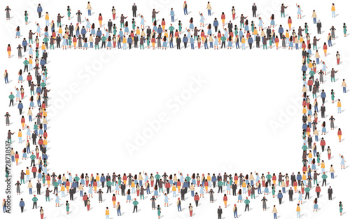 Large group of people standing together in shape of rectangle frame