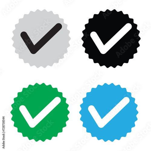 Verify or checkmark icons vector in four different colour . Instagram verification icon, twitter blue checkmark isolated in white background in eps 10.