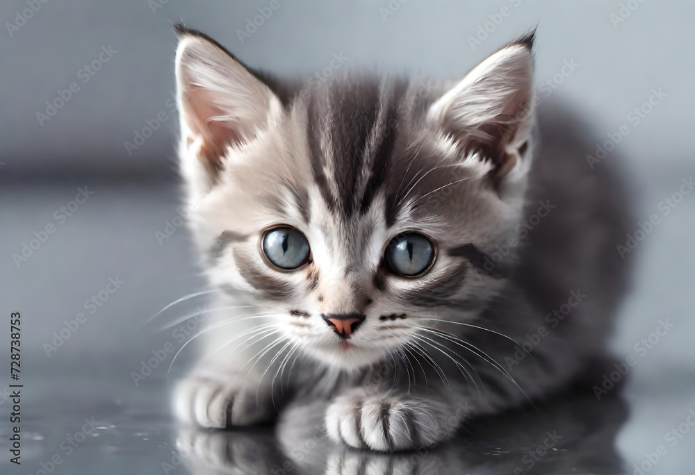 Beautiful cute one-eyed grey kitten with stripes