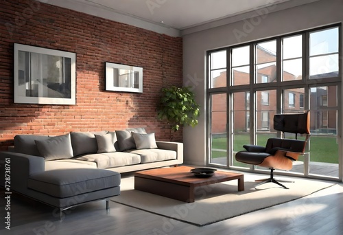 Modern living room with brick walls and seat style window view