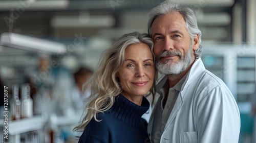 Beautiful Mature couple in a hospital or laboratory undergoing medical tests or fertility treatment, blurred test tubes in the background, In vitro fertilization in middle age or checkup