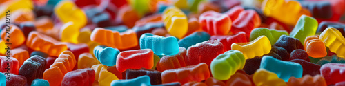 Banner Close-up, vivid of various sweet Swedish Candy with rich colors. Colorful Assortment of Sugary Candies. Concept of diabetes and excess calories.