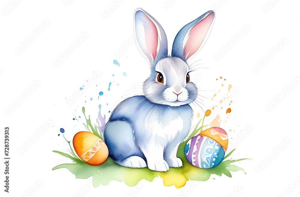Postcard, clipart, hare in green grass with colorful eggs on a white background, illustration Postcard, clipart, hare in green grass with colorful eggs on a white background, illustration