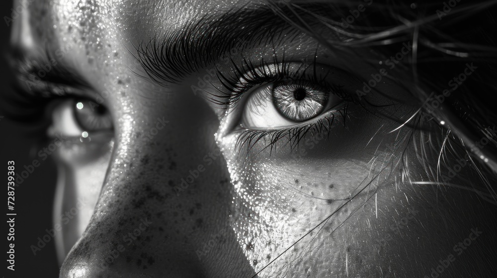 Obraz premium A dramatic black and white close-up showcasing a detailed view of a human eye, with water droplets adding texture and depth.