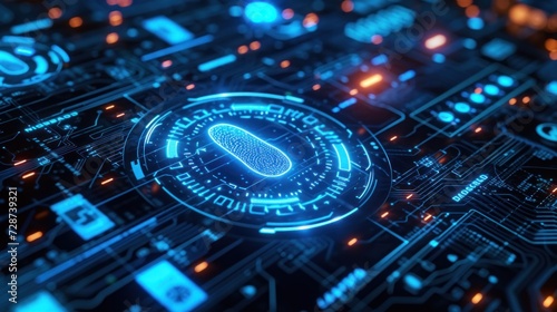 The futuristic vision of secure biometric authentication comes to life on an illuminated digital circuit board through a fingerprint scan concept.