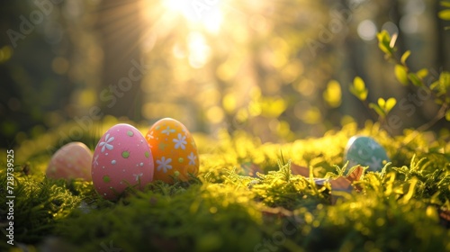 A charming Easter egg hunt in a sun-dappled forest, filled with anticipation and excitement