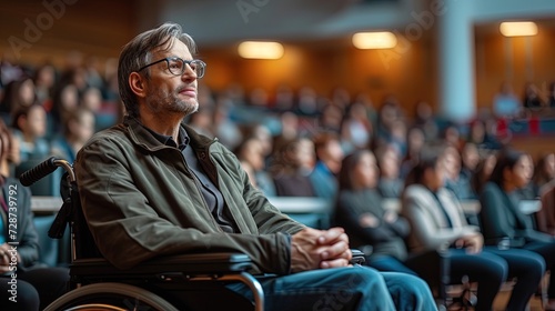 Portrait of Mature professor with disabilities sitting in a wheelchair in university setting, surrounded by students in the background photo